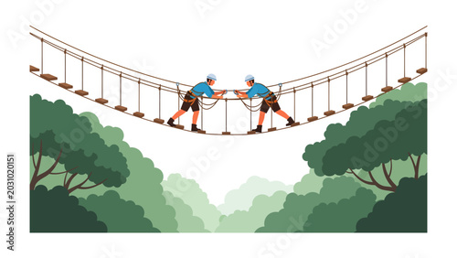 Fotografie Navigating the Heights: Two individuals traverse a suspension bridge high above a lush forest canopy, their teamwork and trust essential for safe passage across the challenging terrain