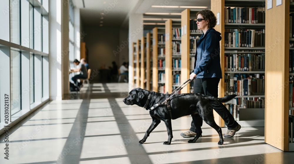 Obraz premium Person walking a black guide dog inside a modern library with sunlight.