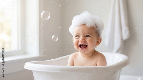 Adorable baby sitting in white bathtub filled with soap bubbles having fun during bath time at home in bright bathroom setting with soft natural light for cheerful family lifestyle imagery