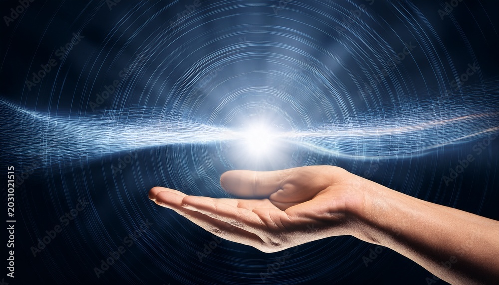 Fototapeta premium hands connect with light symbolizing energy and ai