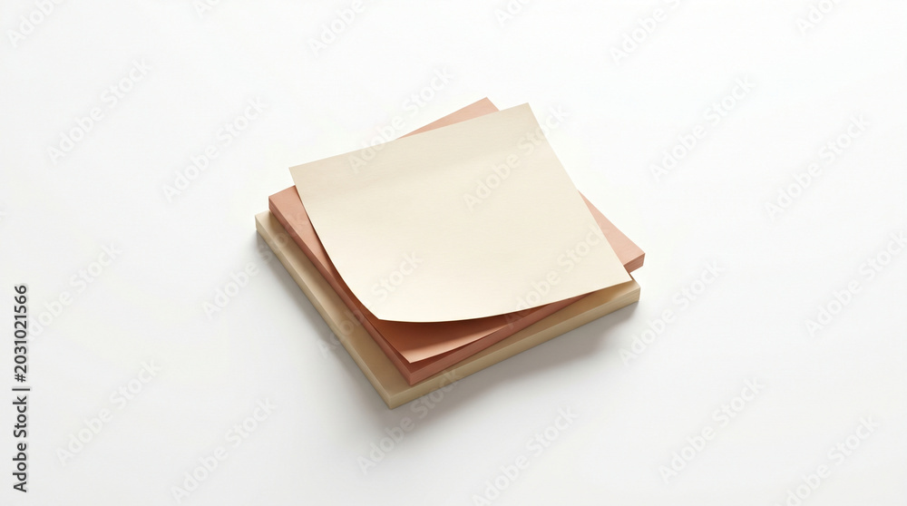 Fototapeta premium A stack of colorful sticky notes with a blank beige top note on a plain white background.