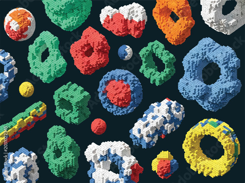 Colorful 3D pixelated geometric shapes and letters on dark background  various objects
