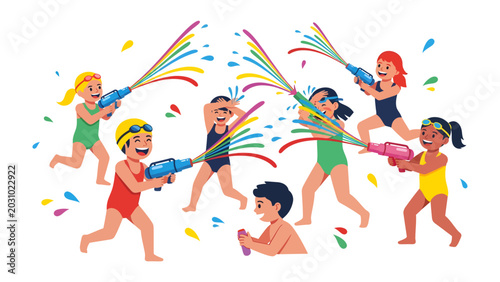 Tableau sur toile Summer Splash Bash: A vibrant illustration depicts a group of joyful children enthusiastically engaging in a playful water gun fight on a sunny day