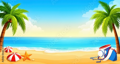Set of summer travel fliers with beach items and wave. Vector illustration
