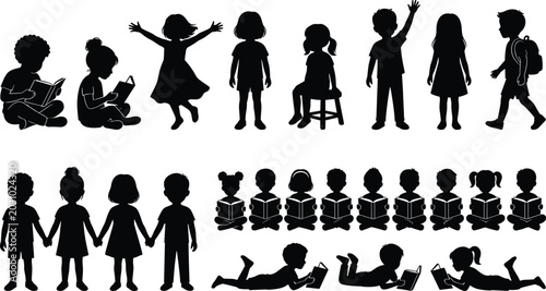 Foto Children Silhouette Vector Collection with Reading Playing Walking and Classroom