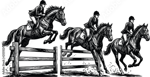 Foto Equestrian Show Jumping Horse Riding Vector Illustration Collection with Competi