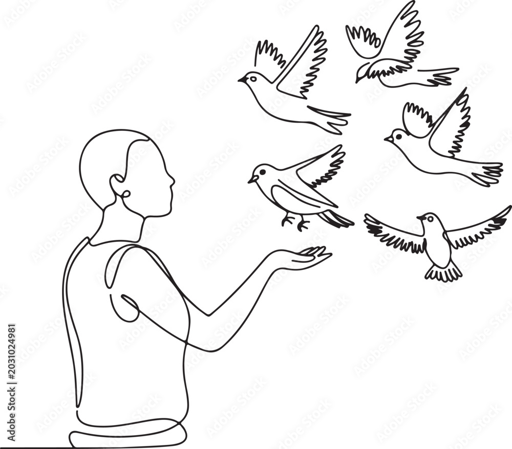 Fototapeta premium A single continuous line drawing depicts a serene woman releasing a flock of birds into the sky symbolizing freedom and Line Art