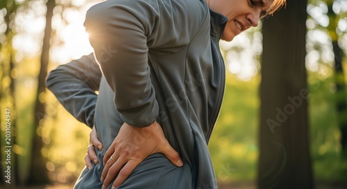 Man experiencing acute lower back pain outdoors. Muscle strain and spinal injury. Person in a grey jacket clutching his lower back with a grimace of pain while standing in a sunny forest