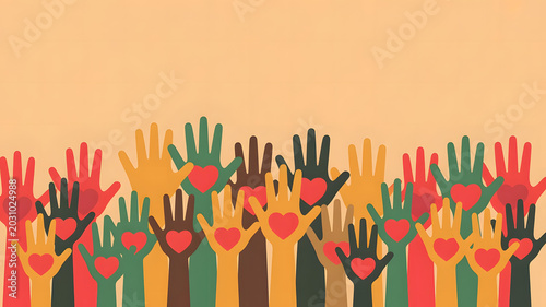 Juneteenth Freedom Day human hands raised in unison, featuring a spectrum of red, yellow, and green, symbolizing collective action, diverse community support, and active, created with generative ai