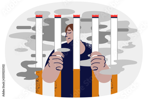 Photos Man addicted to smoking tobacco is locked behind bars of cigarettes, demonstrati