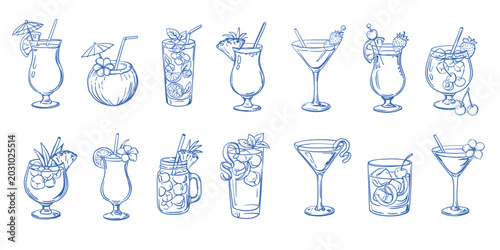 Hand-drawn cocktails set, summer alcoholic drinks and tropical bar menu beverages sketch icons collection. Retro collection of alcoholic cocktails in various glasses decorated with fruits, lime