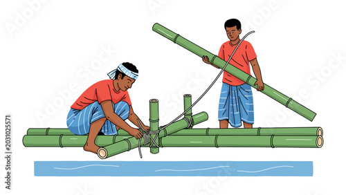 Quadro su tela Bamboo Raft Construction: Two men are shown building a raft out of bamboo poles on a body of water