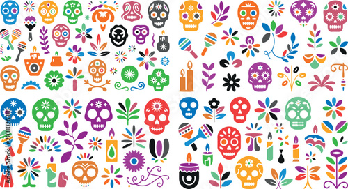 Colorful sugar skulls and flowers pattern for Day of the Dead decoration and design