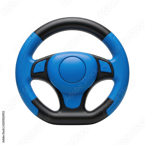 Modern blue and black car steering wheel icon for driving and automotive vehicle design