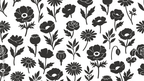 Foto Black and white floral seamless pattern with poppy, daisy, and anemone silhouettes