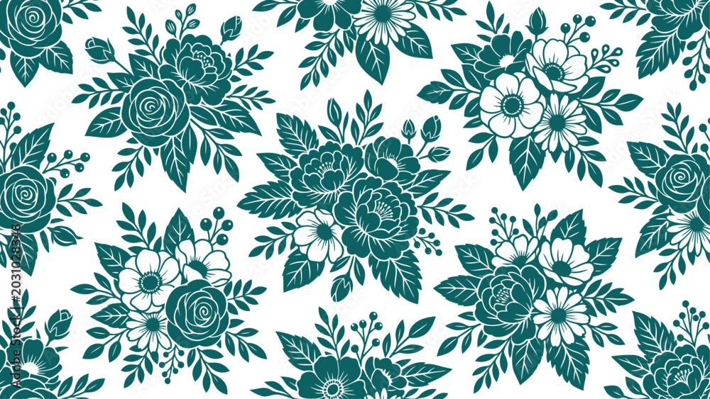 Fototapeta premium Teal Vintage Floral Bouquets Seamless Pattern