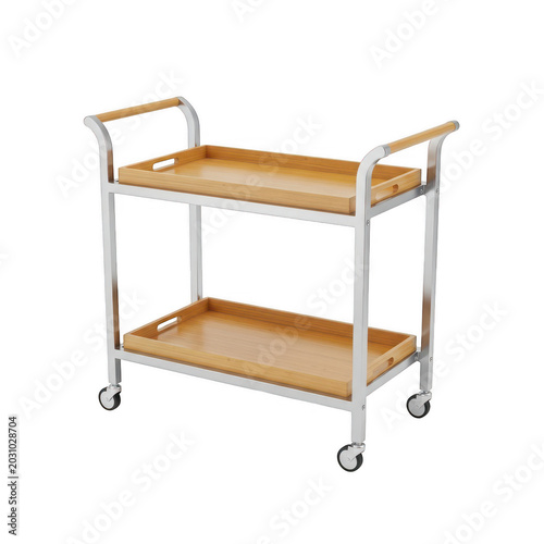 Modern metal serving trolley with two wooden shelves on wheels for home or restaurant use