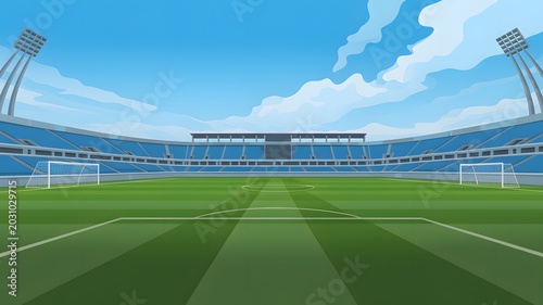 Football world cup stadium illustration empty soccer arena with green pitch and blue seating