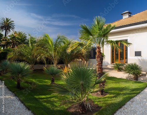 petit jardin arbore de palmier au pied d une maison