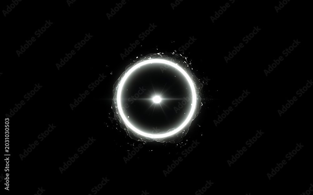 Obraz premium Abstract circular white lens flare with neon glowing magic ring and central bright star particle overlay asset on solid black background