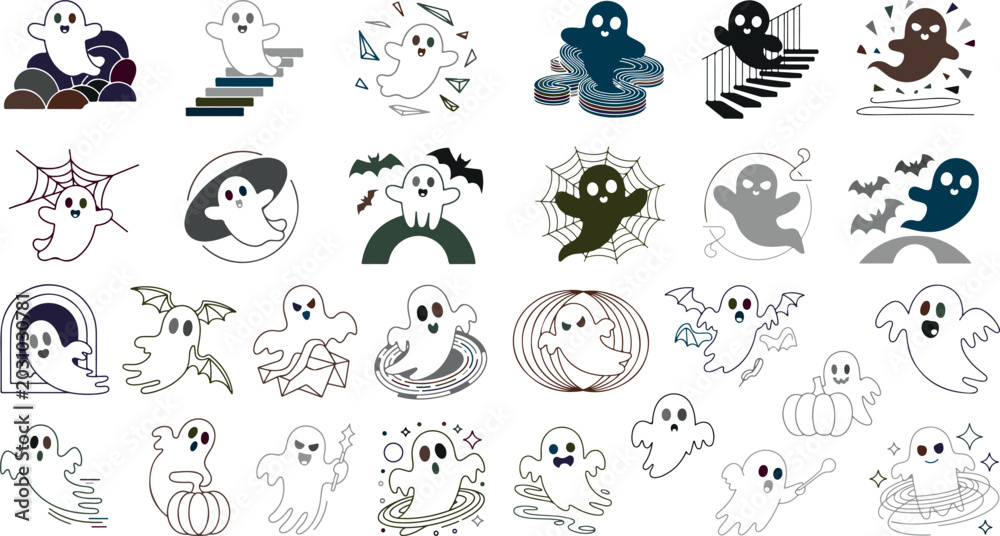 Fototapeta premium Halloween ghost icons with various designs and expressions spooky and friendly ghosts for decoration