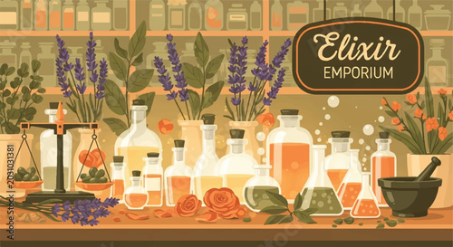 Schilderij op canvas Aromatic elixir emporium shop display featuring various bottles and herbs