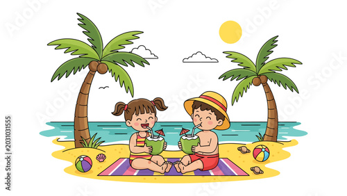 Canvastavla Tropical Bliss: Two happy children in swimsuits enjoy refreshing coconut drinks on a sunny beach, under the shade of palm trees, with the ocean waves gently lapping the shore