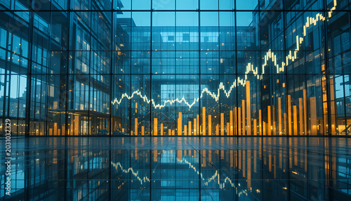 Modern office building with glass facade and financial charts and graphs at dusk with blue and yellow lighting