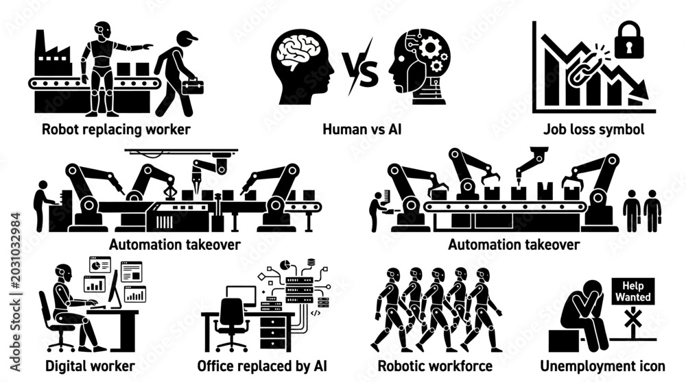Obraz premium Automation artificial intelligence silhouette vector icons set featuring robotic workforce, human vs AI, job loss, digital worker, office replacement, unemployment, assembly line illustration