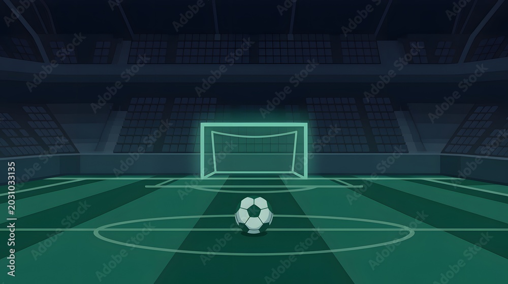 Obraz premium Football world cup stadium illustration empty arena with soccer ball and glowing goalpost