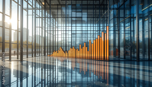 Modern office interior with rising orange bar graph chart on glass wall symbolizing business growth and success