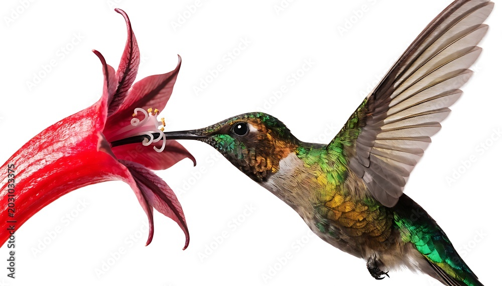 Fototapeta premium Luxury hummingbird with flower isolated on white background with shadow cut out. Premium nature composition, elegant tropical bird and blossom interaction. AI Generated.