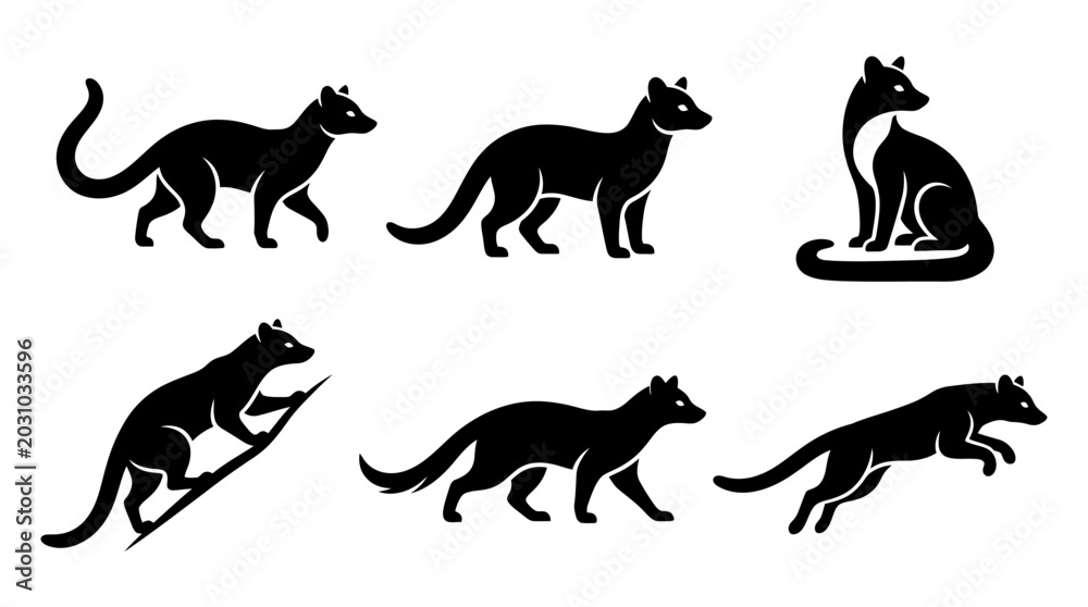 Obraz premium different black civet silhouettes on a clean white background, minimalist vector style.