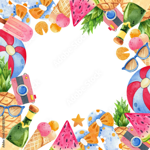 Watercolor frame with pineapple, ice cream, and sunglasses. Hand-drawn square composition with travel and leisure items. Vibrant illustration for prints, postcards, and packaging.