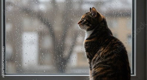 Tabby Cat Looking Out Rainy Window, Cozy Indoor Pet Companion