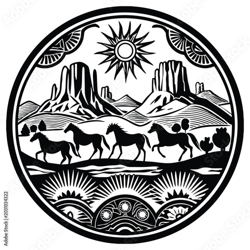 Wild horses running through a desert valley with canyon mountains and a bright sun, round black and white vector emblem, traditional western wild nature adventure illustration.