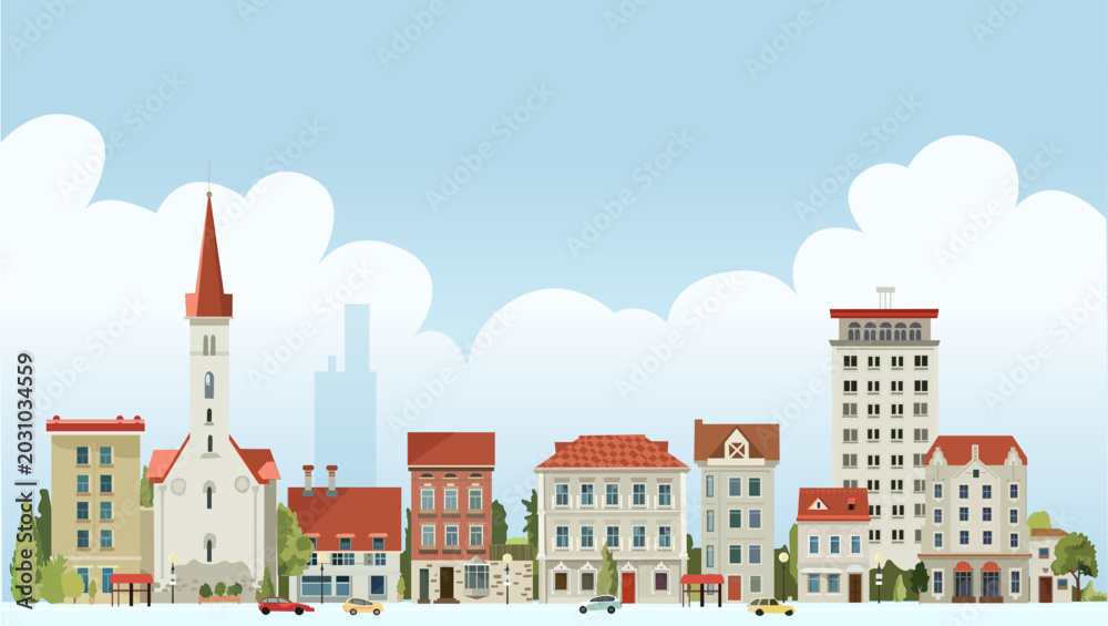 Obraz premium Town illustration, europien culture, beautiful period buildings and old church. Clean handmade vector