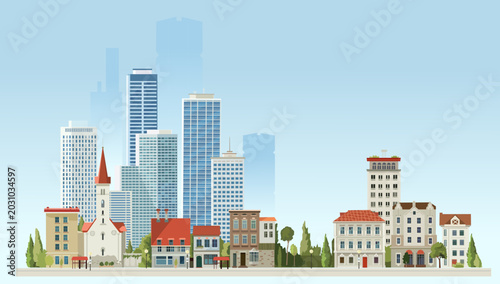 Beautiful City illustration, skyscrapers and periodic historical buildings. Clean hand made vector