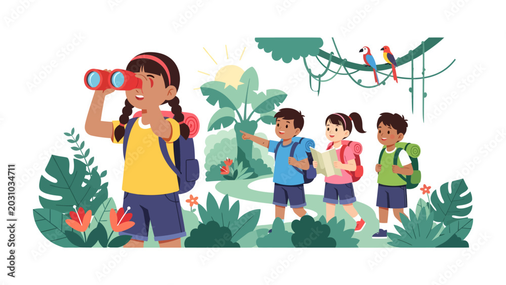 Naklejka premium Jungle Expedition Adventure: A group of young explorers embarks on an exciting jungle adventure, using binoculars and maps to navigate through lush greenery and discover the wonders of nature.