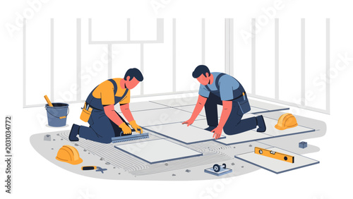 Tiling Project in Progress: Two skilled workers diligently lay tiles on a floor, equipped with tools and safety gear, illustrating a construction or renovation project.