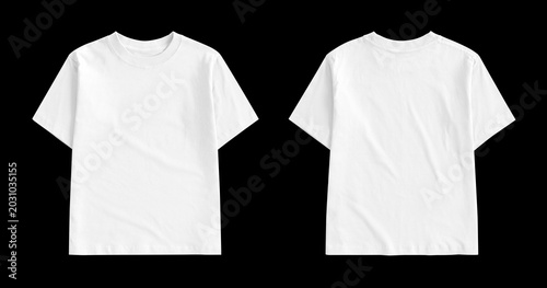 Foto Blank white kids t-shirt front and back views isolated on a black background, perfect for design mockups