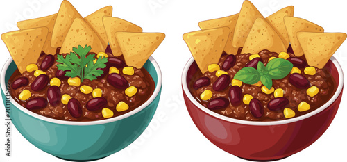 Tableau sur toile Traditional Mexican Chili Con Carne Bowls Vector Illustration Set with Corn Tort