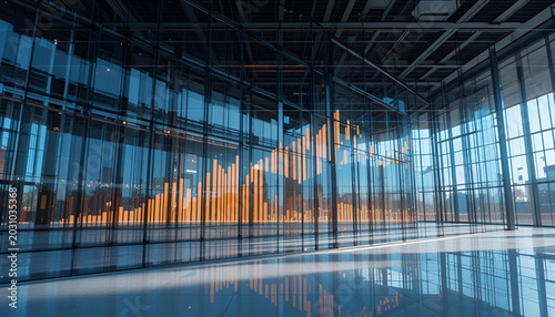 Modern office interior with glass walls and orange data visualization graph on wall