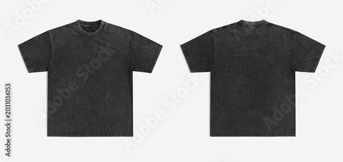 Foto Blank black acid wash t-shirt mockup, front and back views.