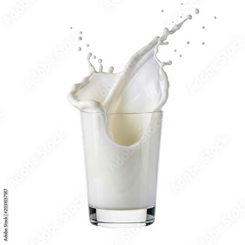 Fresh white milk splashing out of a clear glass cup isolated on a plain surface
