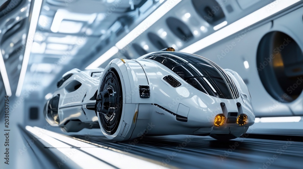 Fototapeta premium Futuristic White Sports Car Driving Through a Sci-Fi Tunnel.