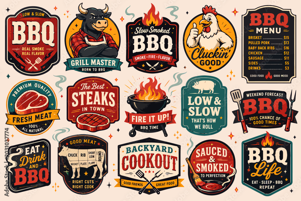 Naklejka premium A Collection of Barbecue and Grill Themed Emblematic Illustrations for Culinary Enthusiasts and Event Promotion