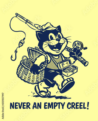 Bild auf Leinwand Retro cat fisherman vector illustration
