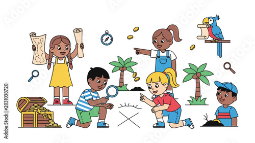Foto Treasure Hunt Adventure: A group of excited children embarks on a thrilling treasure hunt, using maps, compasses, and magnifying glasses to uncover hidden riches, sparking imagination and adventure