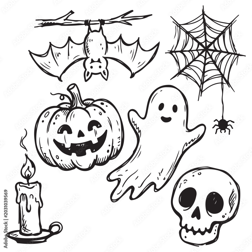 Obraz premium Halloween hand drawn doodle set featuring pumpkin ghost skull bat spider web and candle vector illustrations for holiday design